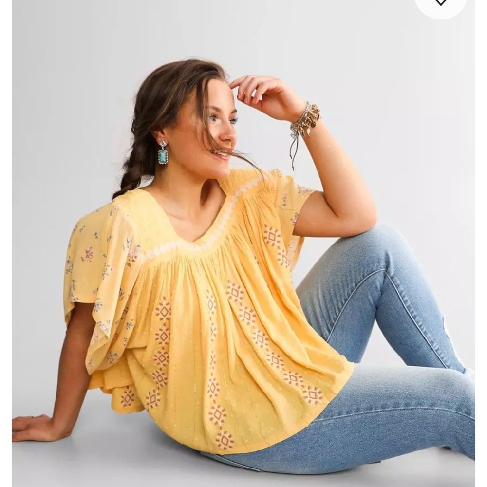 Miss Me Yellow Boho Swiss Dot Embroidered Floral Butterfly Sleeve Peasant Top Lg
